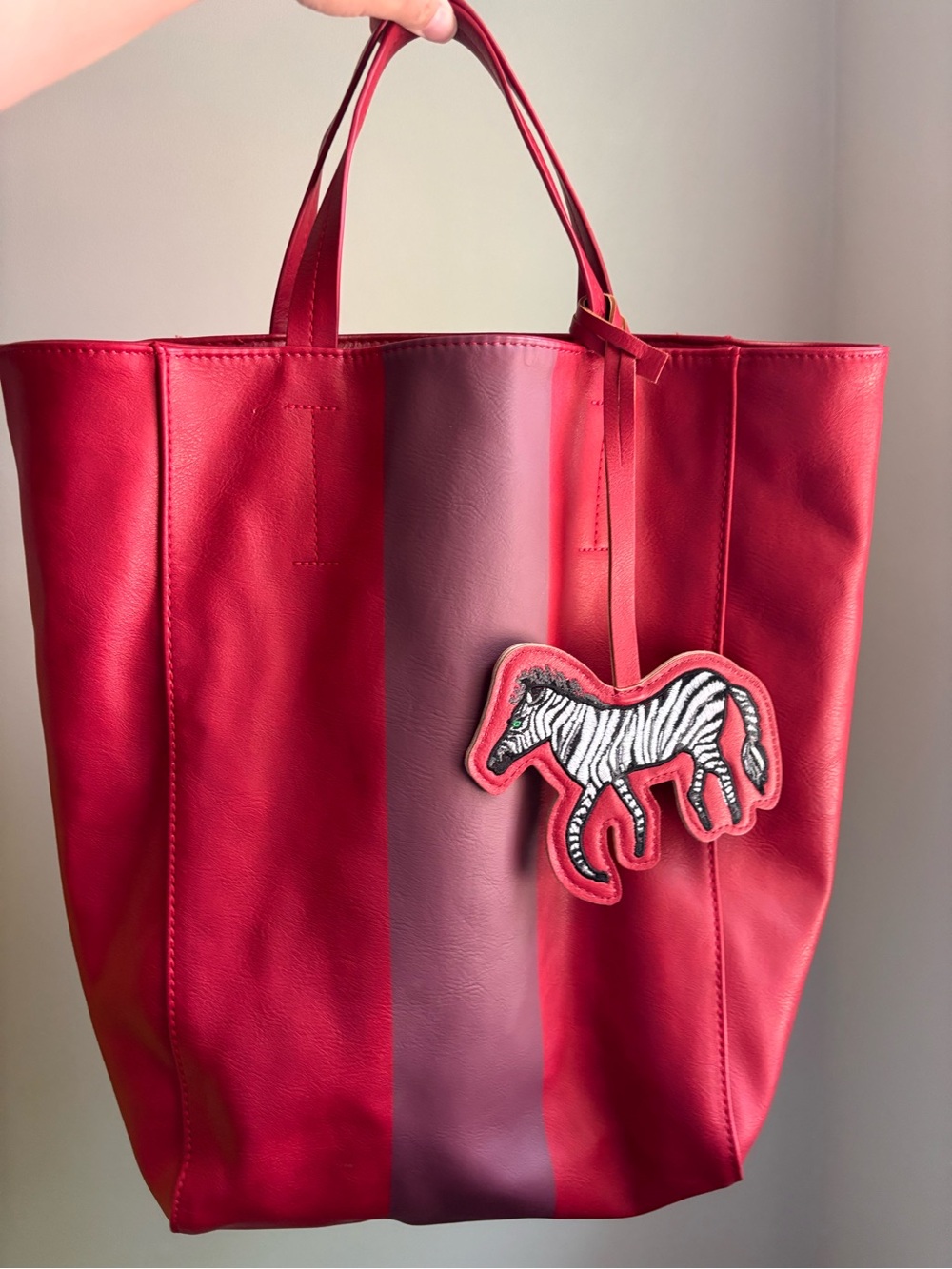 Saks Fifth Avenue Red Faux Leather Tote Zebra Charm Large Shopper Bag